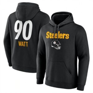 68613a7519a3b_1 Men's Pittsburgh Steelers #90 T.J. Watt Black Team Wordmark Player Name & Number Pullover Hoodie