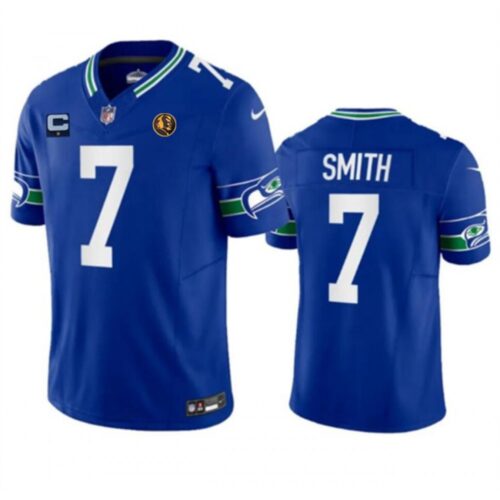 68613c27e1c02_1 Men's Seattle Seahawks #7 Geno Smith Blue 2023 F.U.S.E. Throwback With 1-star C Patch And John Madden Patch Vapor Limited Stitched Football Jersey