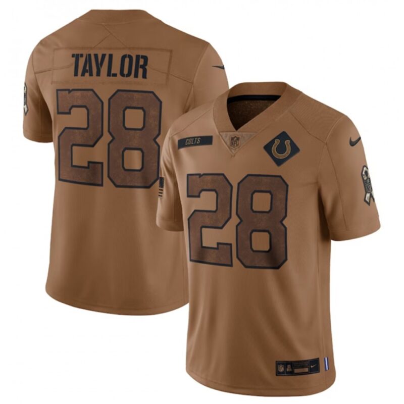68613e1e44b12_1 Men's Indianapolis Colts #28 Jonathan Taylor 2023 Brown Salute To Sertvice Stitched Football Jersey