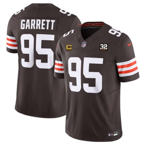 68613fa490e8e_1 Men's Cleveland Browns #95 Myles Garrett Brown 2023 F.U.S.E. With 4-Star C Patch And Jim Brown Memorial Patch Vapor Untouchable Limited Stitched Jersey