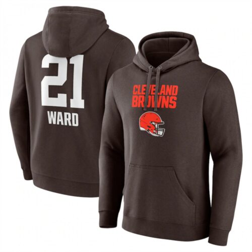 68613fdc7260a_1 Men's Cleveland Browns #21 Denzel Ward Brown Team Wordmark Player Name & Number Pullover Hoodie
