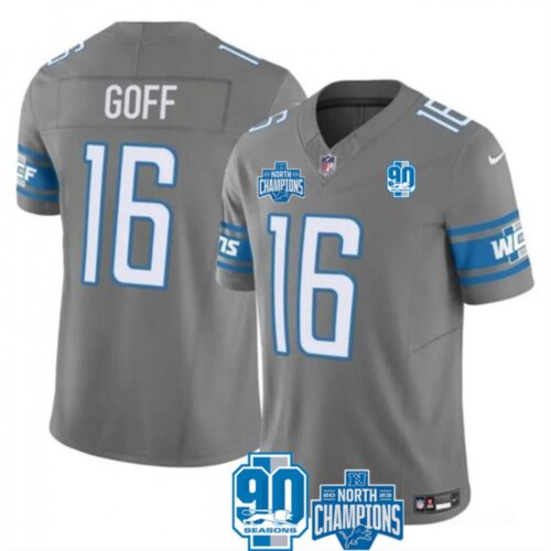 68614026cb36b_1 Men's Detroit Lions #16 Jared Goff Grey 2023 F.U.S.E. 90th Anniversary NFC North Division Champions Vapor Untouchable Limited Stitched Jersey