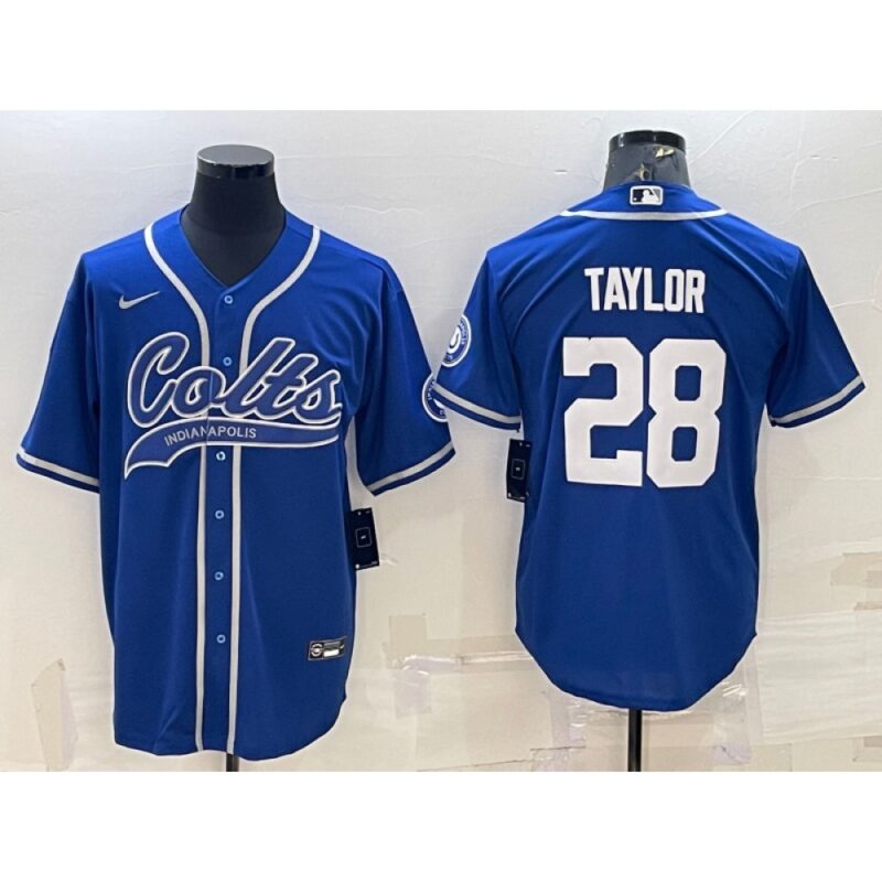 686140861a0aa_1 Men's Indianapolis Colts #28 Jonathan Taylor Royal Cool Base Stitched Baseball Jersey