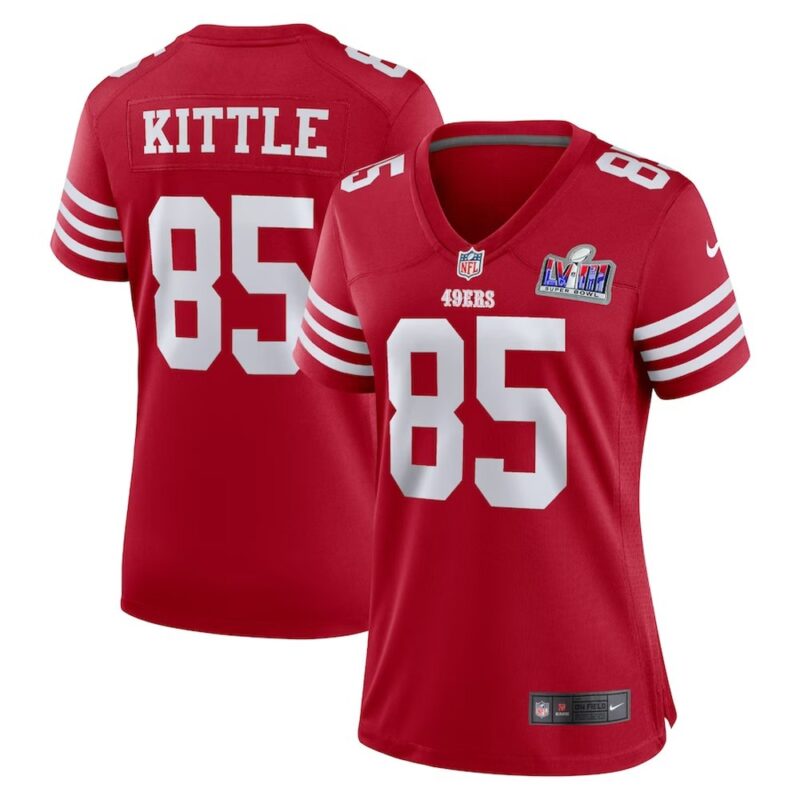 686141df13b0f_1 Women's San Francisco 49ers #85 George Kittle Scarlet Super Bowl LVIII Game Jersey