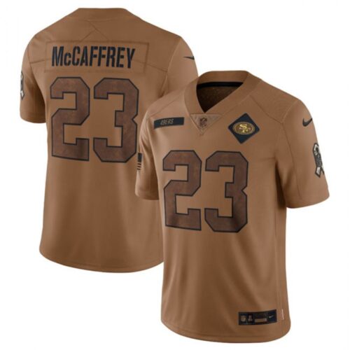 686141ef59f0b_1 Men's San Francisco 49ers #23 Christian McCaffrey 2023 Brown Salute To Service Limited Stitched Football Jersey