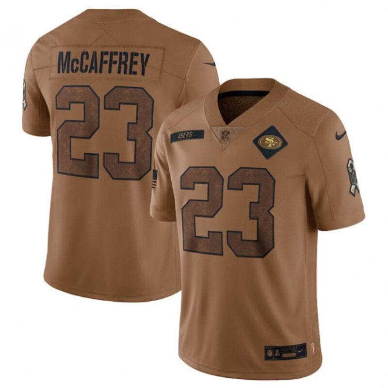 686141ef59f0b_1 Men's San Francisco 49ers #23 Christian McCaffrey 2023 Brown Salute To Service Limited Stitched Football Jersey