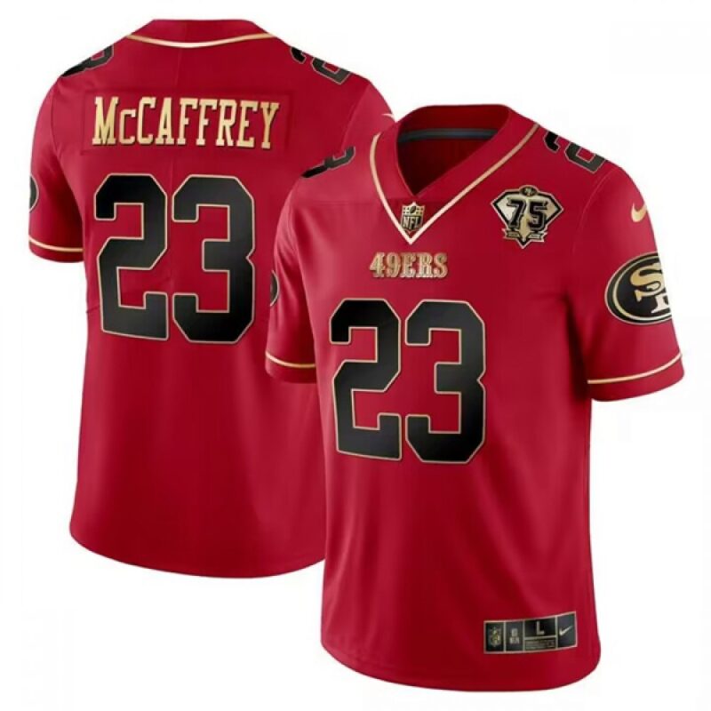 686141f88770e_1 Men's San Francisco 49ers #23 Christian McCaffrey Red Gold 75 Anniversary Patch Limited Stitched Football Jersey