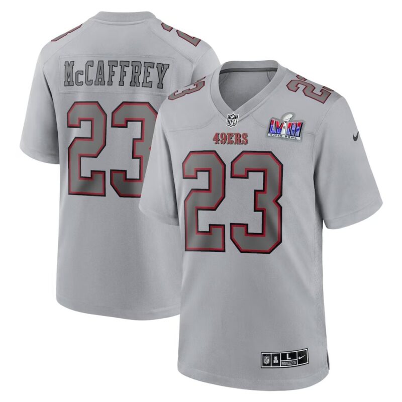 686141ff6a176_1 Men's San Francisco 49ers #23 Christian McCaffrey Gray Super Bowl LVIII Atmosphere Fashion Game Jersey