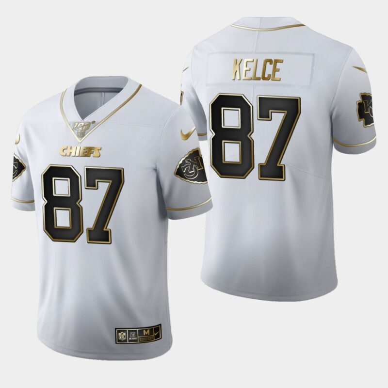 6861426688966_1 Men's Kansas City Chiefs #87 Travis Kelce White 2019 100th Season Golden Edition Limited Stitched NFL Jersey