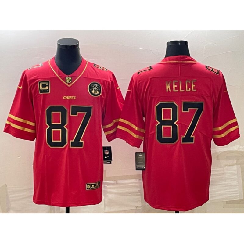 68614268c6eab_1 Men's Kansas City Chiefs #87 Travis Kelce Red Gold 4-star C Patch Vapor Untouchable Limited Stitched Jersey