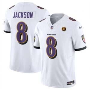 6861429379980_1 Men's Baltimore Ravens #8 Lamar Jackson White 2023 F.U.S.E. With John Madden Patch Vapor Limited Football Jersey