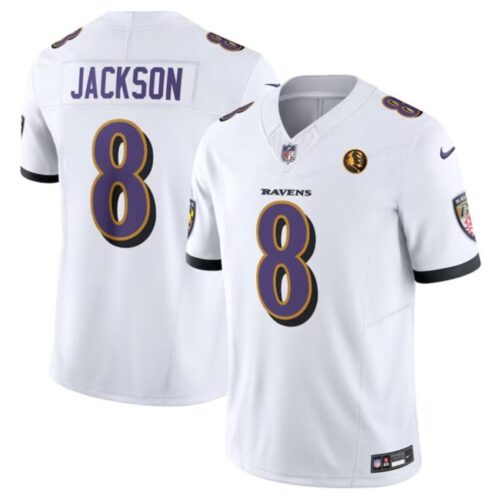 6861429379980_1 Men's Baltimore Ravens #8 Lamar Jackson White 2023 F.U.S.E. With John Madden Patch Vapor Limited Football Jersey