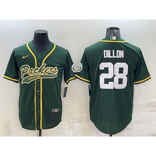 68614308f2933_1 Men's Green Bay Packers #28 A.J. Dillon Green With Patch Cool Base Stitched Baseball Jersey