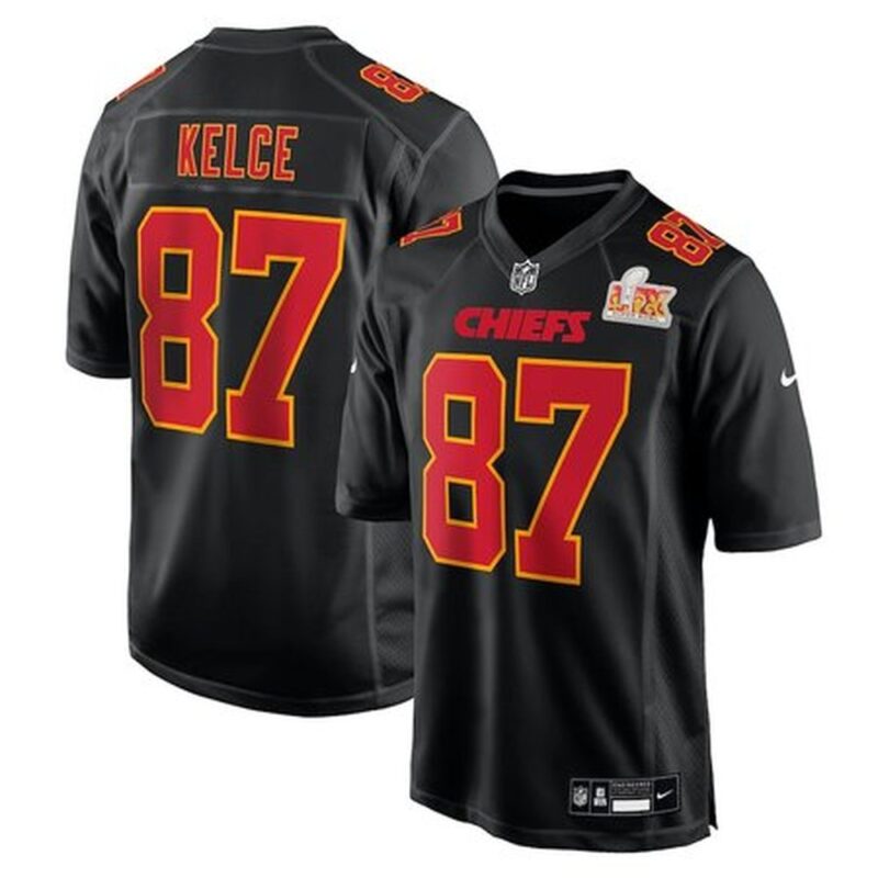 686143392b6e1_1 Men's Kansas City Chiefs #87 Travis Kelce Carbon Black Super Bowl LIX Fashion Game Jersey