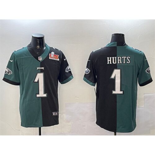 686143a3d6d25_1 Men's Philadelphia Eagles #1 Jalen Hurts Green & Black Split 2025 Super Bowl LIX Patch Vapor Untouchable Limited Stitched Football Jersey