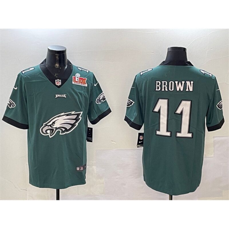 686143a86cdcf_1 Men's Philadelphia Eagles #11 A. J. Brown Green 2025 Super Bowl LIX Patch Team Big Logo Vapor Untouchable Limited Stitched Football Jersey