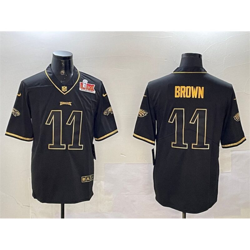686143acc87c3_1 Men's Philadelphia Eagles #11 A. J. Brown Black/Gold 2025 Super Bowl LIX Patch Salute To Service Vapor Untouchable Limited Stitched Football Jersey