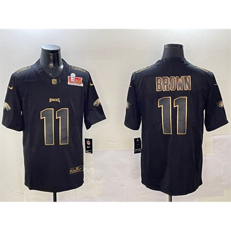 686143b4de093_1 Men's Philadelphia Eagles #11 A. J. Brown Black/Gold 2025 Super Bowl LIX Patch Vapor Untouchable Limited Stitched Football Jersey