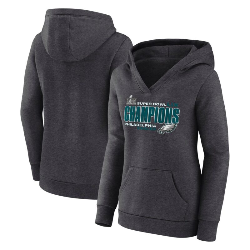 686143cce5a93_1 Women's Philadelphia Eagles Heather Charcoal Super Bowl LIX Champions V-Neck Pullover Hoodie