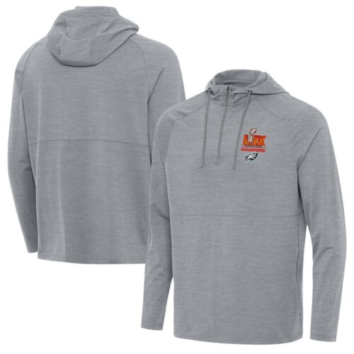 686143de546ae_1 Men's Philadelphia Eagles Antigua Heather Gray Super Bowl LIX Champions Spikes Quarter-Zip Hoodie