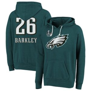 686143e07c93f_1 Men's Philadelphia Eagles #26 Saquon Barkley Threads Midnight Green Super Bowl LIX Champions Name & Number Tri-Blend Pullover Hoodie
