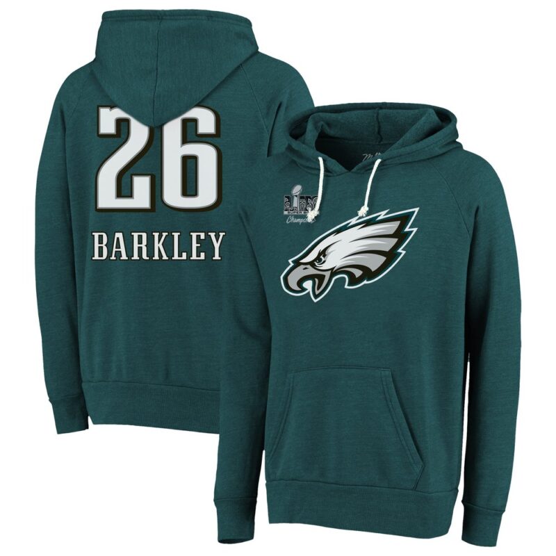 686143e07c93f_1 Men's Philadelphia Eagles #26 Saquon Barkley Threads Midnight Green Super Bowl LIX Champions Name & Number Tri-Blend Pullover Hoodie