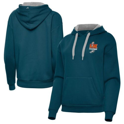 686143e2a7583_1 Women's Philadelphia Eagles Antigua Midnight Green Super Bowl LIX Champions Victory Pullover Hoodie