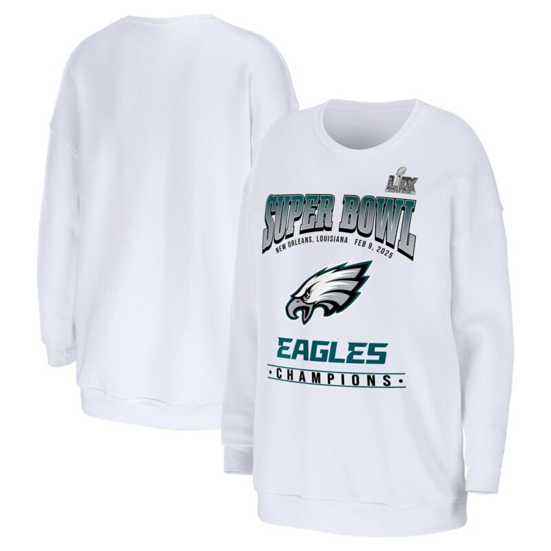 686143e4a955f_1 Women's Philadelphia Eagles WEAR by Erin Andrews White Super Bowl LIX Champions Fleece Pullover Sweatshirt