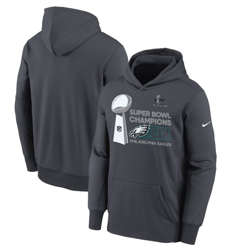 686143e8e9f47_1 Youth Philadelphia Eagles Anthracite Super Bowl LIX Champions Locker Room Trophy Collection Fleece Pullover Hoodie