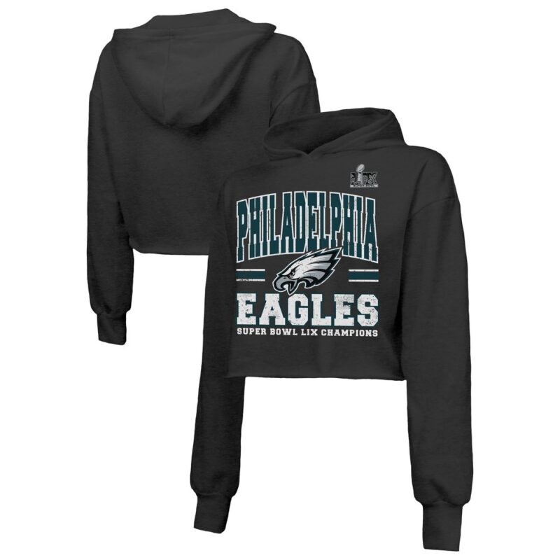 686143ef6c5ca_1 Women's Philadelphia Eagles Threads Black Super Bowl LIX Champions Fair Catch Tri-Blend Cropped Pullover Hoodie