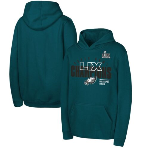 686143f7eb0ba_1 Youth Philadelphia Eagles Midnight Green Super Bowl LIX Champions Iconic Victory Pullover Hoodie