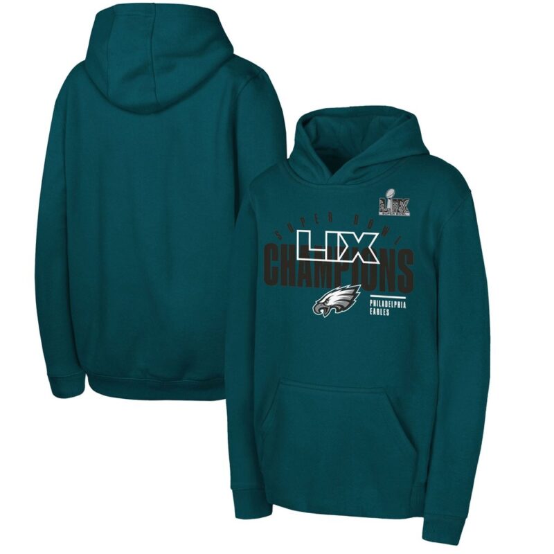 686143f7eb0ba_1 Youth Philadelphia Eagles Midnight Green Super Bowl LIX Champions Iconic Victory Pullover Hoodie