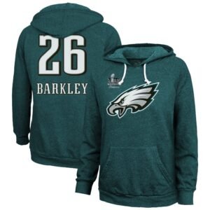 Women's Philadelphia Eagles #26 Saquon Barkley Threads Midnight Green Super Bowl LIX Champions Name & Number Tri-Blend Pullover Hoodie