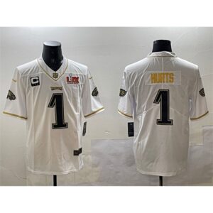 6861448aef960_1 Men's Philadelphia Eagles #1 Jalen Hurts White/Gold 2025 Super Bowl LIX Patch And 3-star C Patch Salute To Service Vapor Untouchable Limited Stitched Football Jersey
