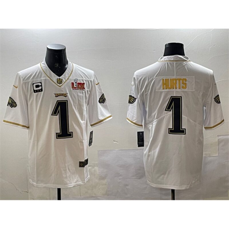 6861448aef960_1 Men's Philadelphia Eagles #1 Jalen Hurts White/Gold 2025 Super Bowl LIX Patch And 3-star C Patch Salute To Service Vapor Untouchable Limited Stitched Football Jersey