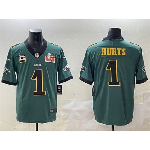 686144a2aba98_1 Men's Philadelphia Eagles #1 Jalen Hurts Green Golden 2025 Super Bowl LIX Patch And 2-star C Patch Vapor Untouchable Limited Stitched Football Jersey