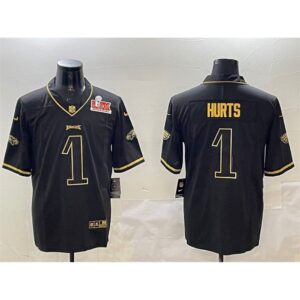 686144a514537_1 Men's Philadelphia Eagles #1 Jalen Hurts Black/Gold 2025 Super Bowl LIX Patch Salute To Service Vapor Untouchable Limited Stitched Football Jersey