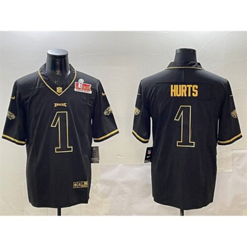 686144a514537_1 Men's Philadelphia Eagles #1 Jalen Hurts Black/Gold 2025 Super Bowl LIX Patch Salute To Service Vapor Untouchable Limited Stitched Football Jersey