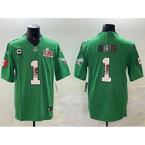 686144a7631ae_1 Men's Philadelphia Eagles #1 Jalen Hurts Green Mexico 2025 Super Bowl LIX Patch And 3-star C Patch Vapor Untouchable Limited Stitched Football Jersey
