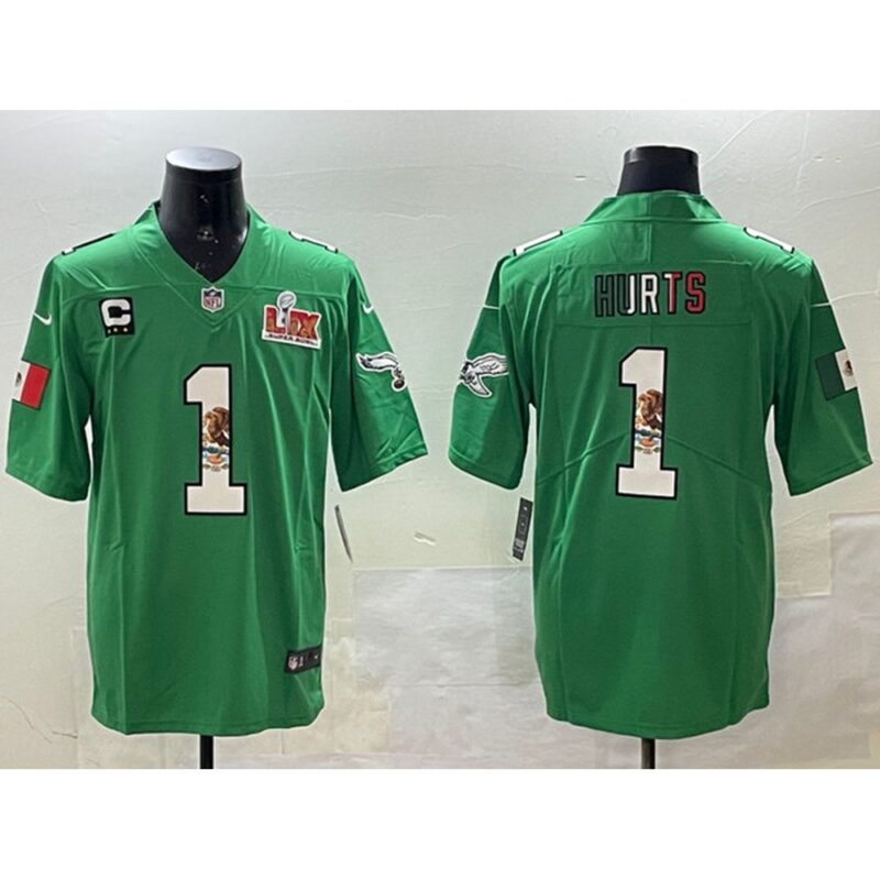 686144a7631ae_1 Men's Philadelphia Eagles #1 Jalen Hurts Green Mexico 2025 Super Bowl LIX Patch And 3-star C Patch Vapor Untouchable Limited Stitched Football Jersey