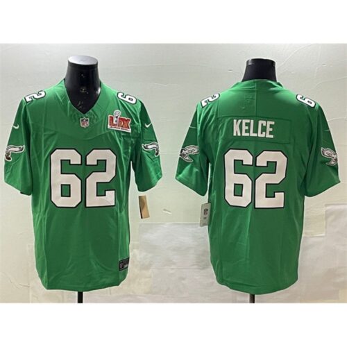 686144ae72ed0_1 Men's Philadelphia Eagles #62 Jason Kelce Green 2025 Super Bowl LIX Patch F.U.S.E. Throwback Vapor Untouchable Limited Stitched Football Jersey
