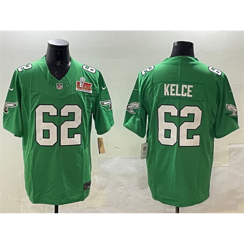 686144ae72ed0_1 Men's Philadelphia Eagles #62 Jason Kelce Green 2025 Super Bowl LIX Patch F.U.S.E. Throwback Vapor Untouchable Limited Stitched Football Jersey