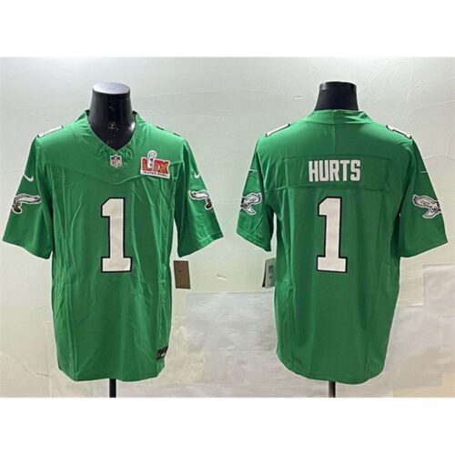 686144c6350e4_1 Men's Philadelphia Eagles #1 Jalen Hurts Green 2025 Super Bowl LIX Patch F.U.S.E. Throwback Vapor Untouchable Limited Stitched Football Jersey