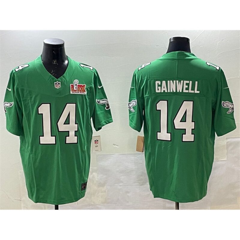 686144cae713f_1 Men's Philadelphia Eagles #14 Kenneth Gainwell Green 2025 Super Bowl LIX Patch F.U.S.E. Throwback Vapor Untouchable Limited Stitched Football Jersey
