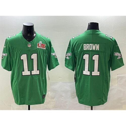 686144cd6a6e1_1 Men's Philadelphia Eagles #11 A.J. Brown Green 2025 Super Bowl LIX Patch F.U.S.E. Throwback Vapor Untouchable Limited Stitched Football Jersey