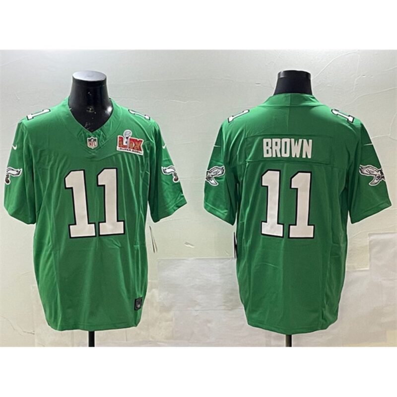 686144cd6a6e1_1 Men's Philadelphia Eagles #11 A.J. Brown Green 2025 Super Bowl LIX Patch F.U.S.E. Throwback Vapor Untouchable Limited Stitched Football Jersey
