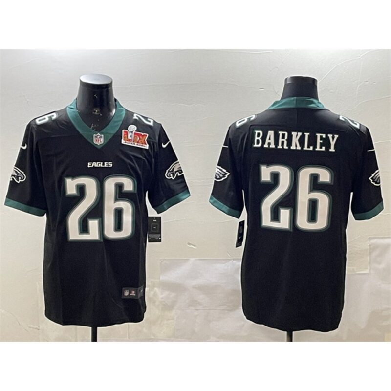 686144d8caaaa_1 Men's Philadelphia Eagles #26 Saquon Barkley Black 2025 Super Bowl LIX Patch New Vapor Untouchable Limited Stitched Football Jersey