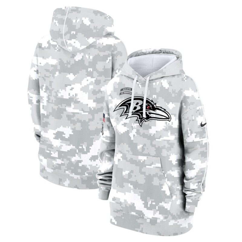 686156148c8db_1 Women's Baltimore Ravens Arctic Camo 2024 Salute To Service Club Fleece Pullover Hoodie
