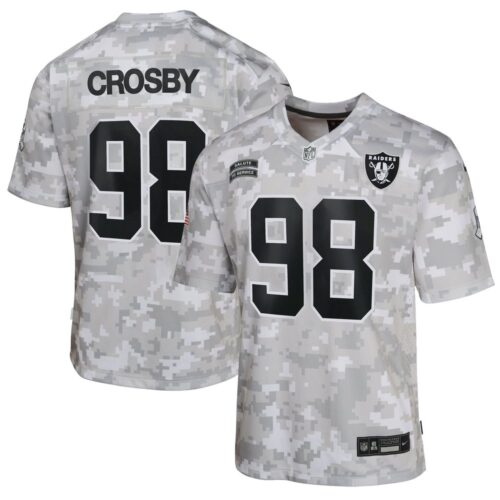 686156714fa12_1 Youth Las Vegas Raiders Maxx Crosby Arctic Camo 2024 Salute to Service Game Jersey
