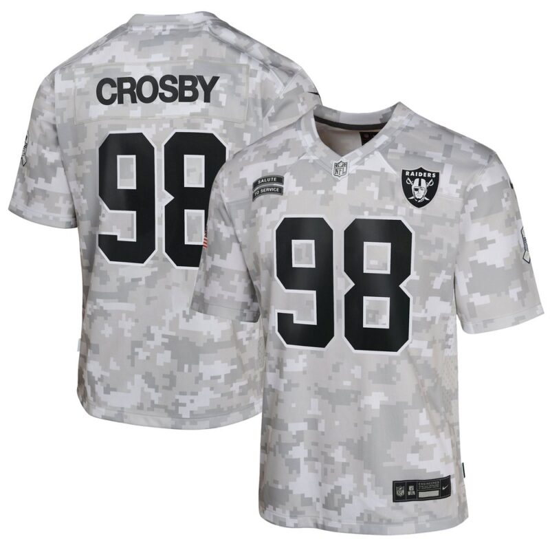 686156714fa12_1 Youth Las Vegas Raiders Maxx Crosby Arctic Camo 2024 Salute to Service Game Jersey